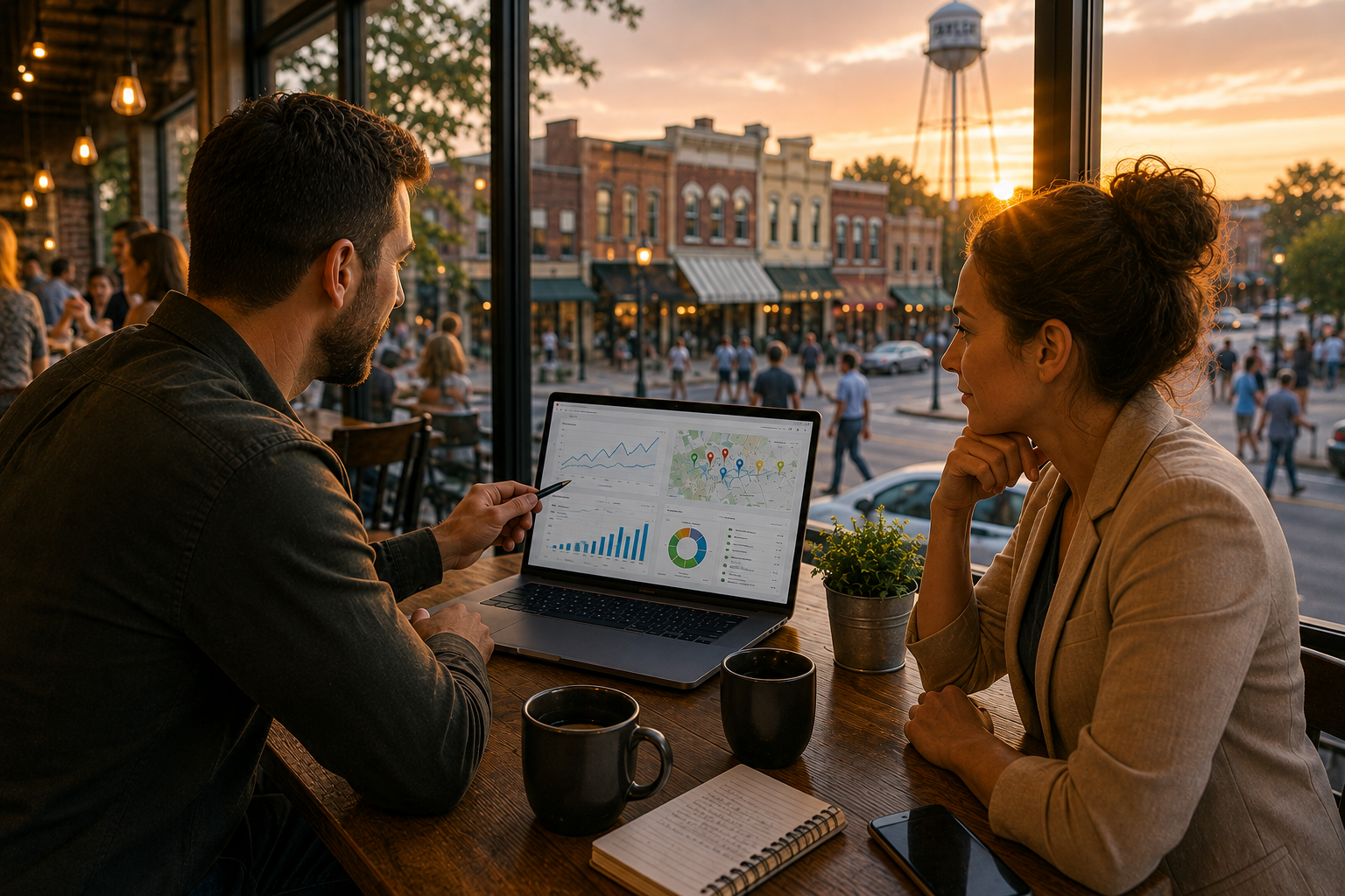 Taylor Texas business owner reviewing local search rankings, customer inquiries, website traffic, and online visibility with a marketing consultant in a downtown coffee shop.