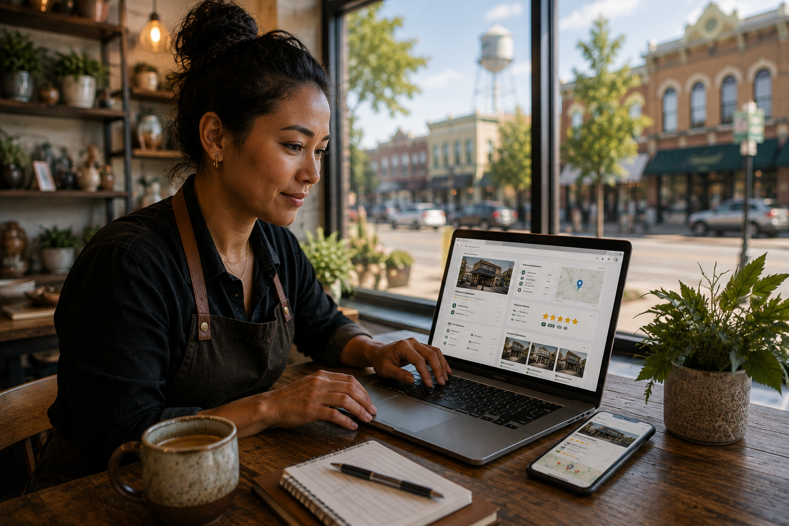 Taylor Texas business owner updating business hours, contact information, photos, reviews, and location details on a laptop inside a downtown local business.
