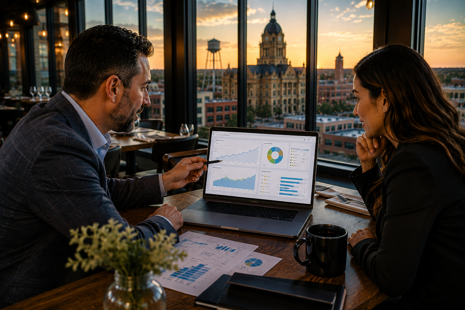 Temple Texas business owner reviewing a personalized online visibility report with a local business consultant inside a modern restaurant while analyzing Google Business Profile insights, website traffic, customer engagement, and local search performance.