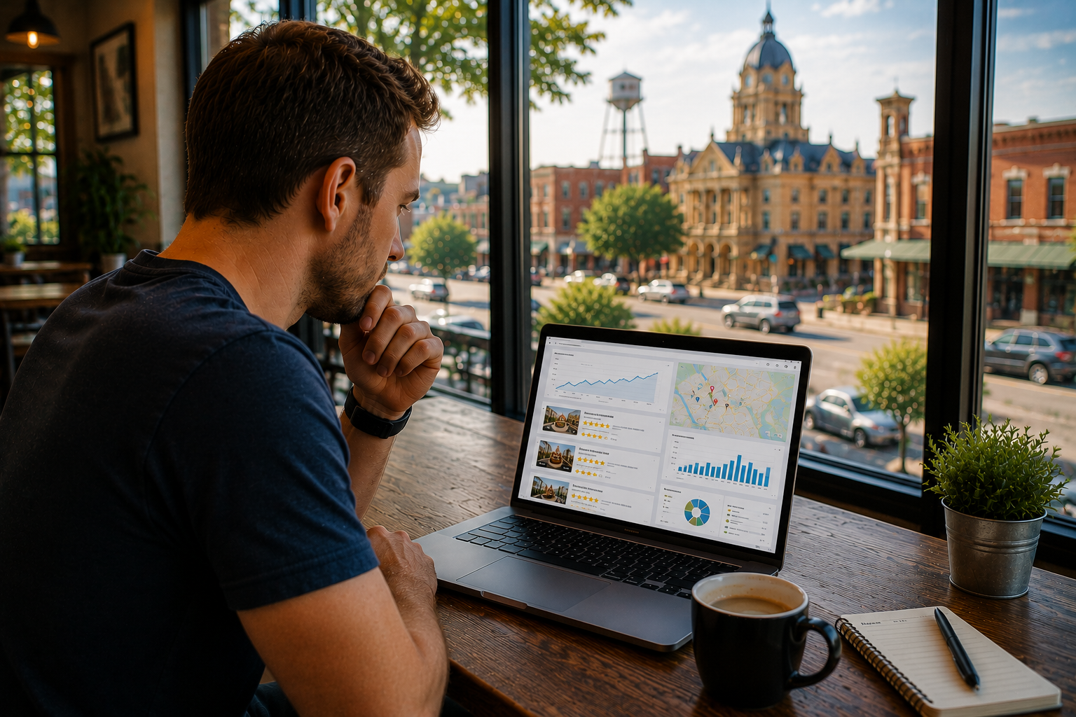 Customer comparing local Temple Texas businesses on a laptop using map results, customer reviews, ratings, and business listings from a downtown café.