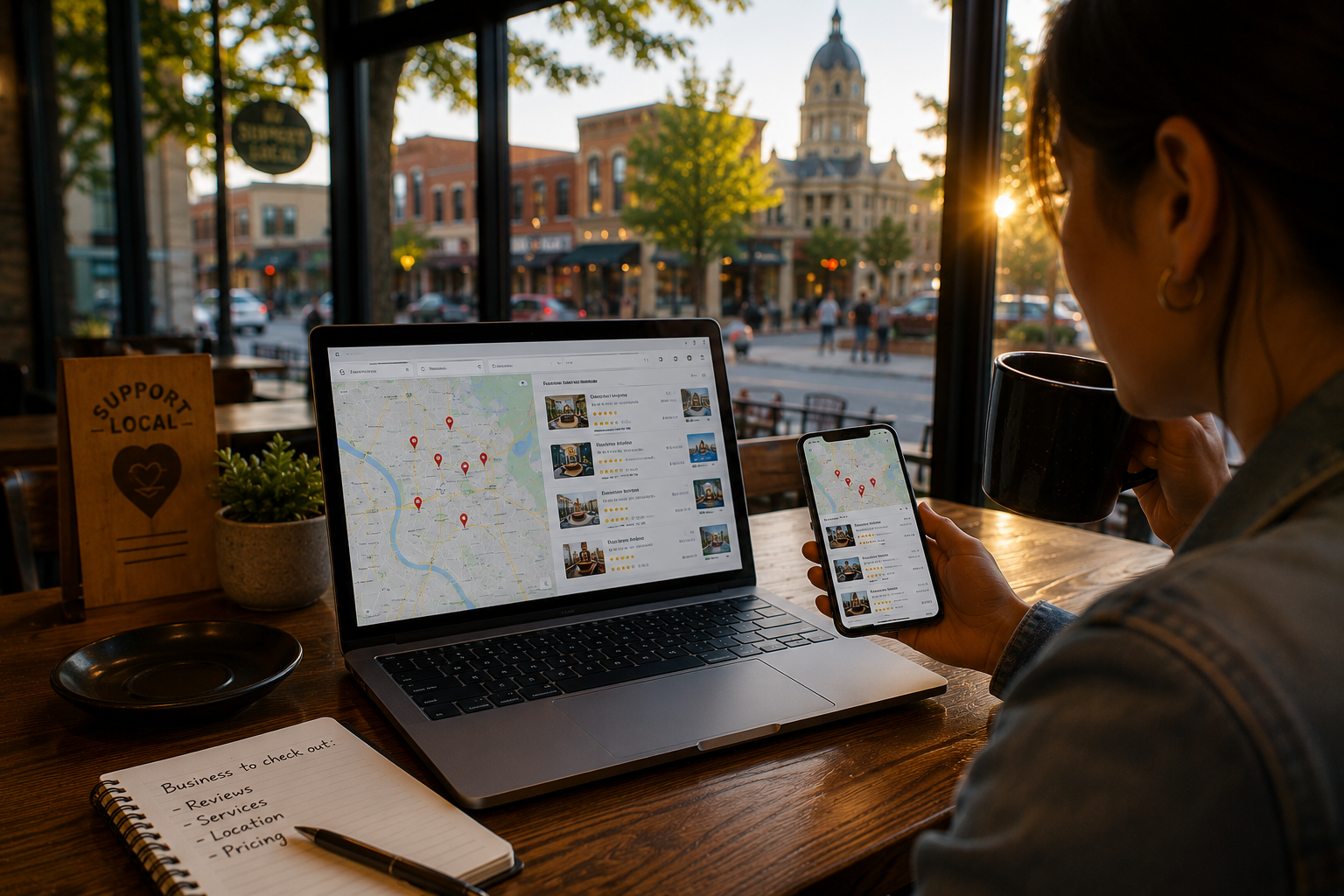 Customer comparing Temple Texas businesses on a laptop and smartphone while viewing local search results, map listings, customer reviews, and business information inside a downtown coffee shop.