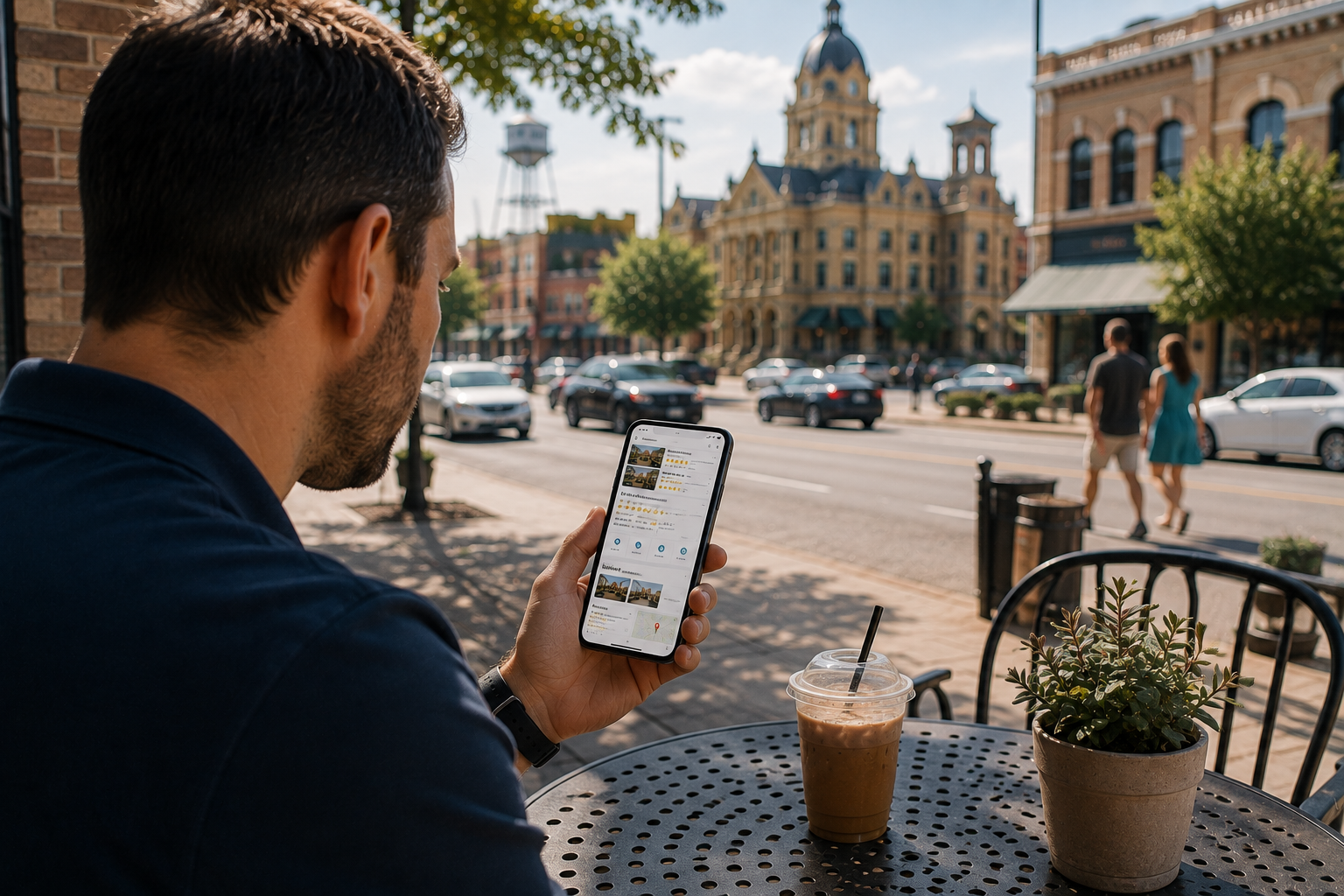 Temple Texas customer researching a local business on a smartphone by comparing reviews, business information, photos, and location details before making contact.