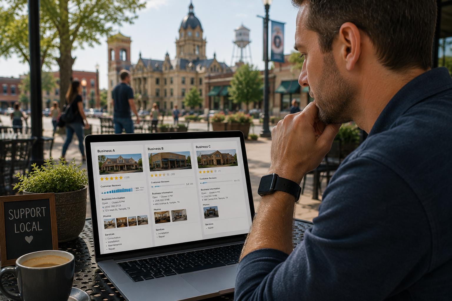 Temple Texas customer comparing local businesses on a laptop using reviews, photos, business hours, services, and online listing information.