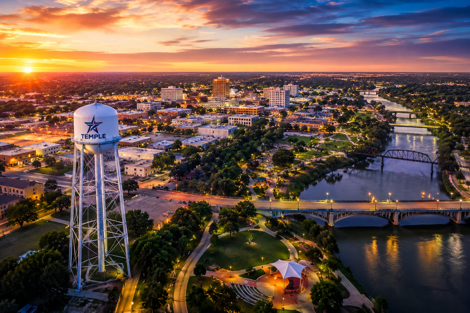 Temple Texas business owner meeting with a local visibility consultant in a modern coffee shop while reviewing website traffic, local search performance, customer reviews, and online visibility reports overlooking downtown Temple.
