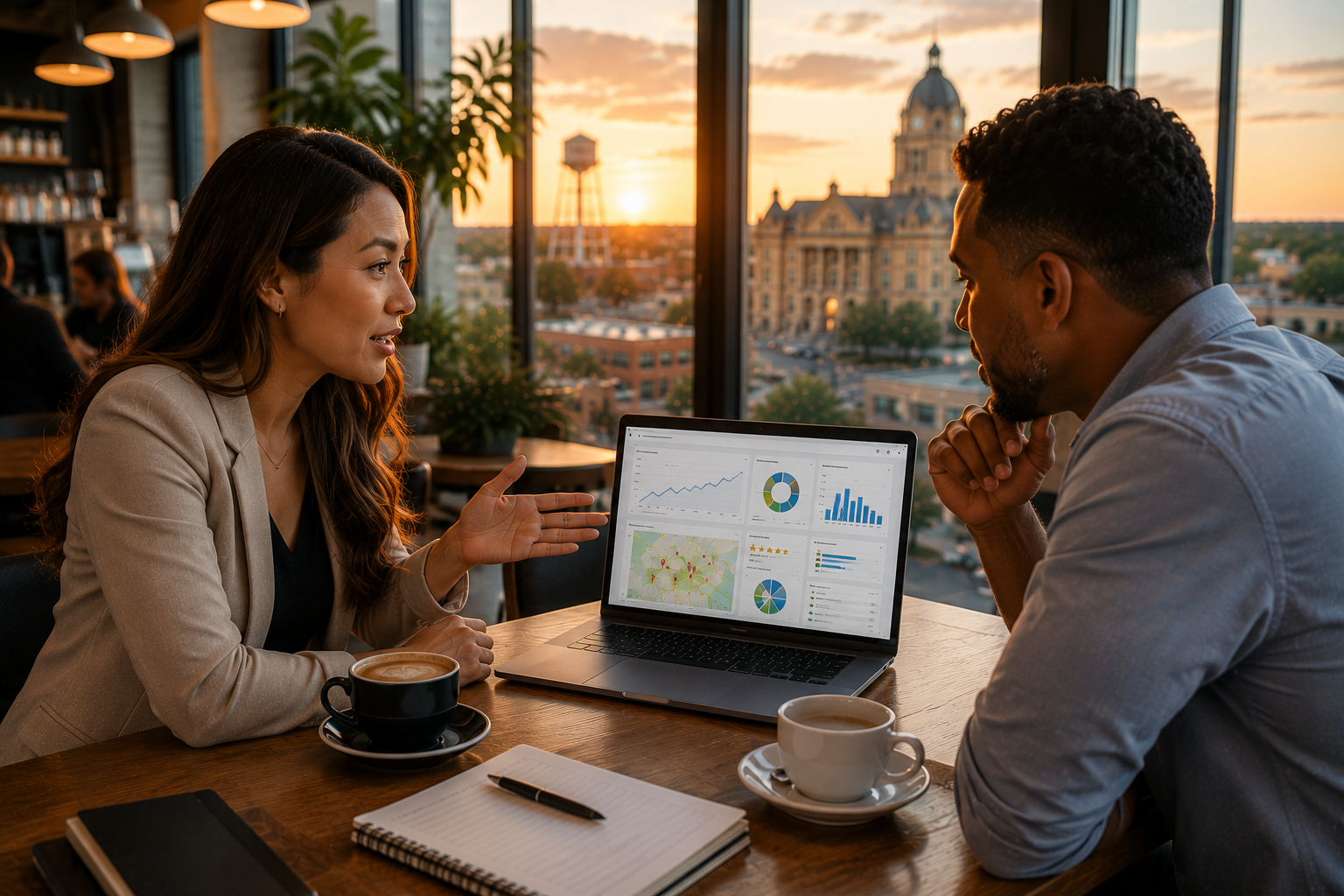 Temple Texas business owner meeting with a local visibility consultant in a modern coffee shop while reviewing Google Search performance, Google Business Profile insights, website traffic, customer reviews, and online visibility reports overlooking downtown Temple.