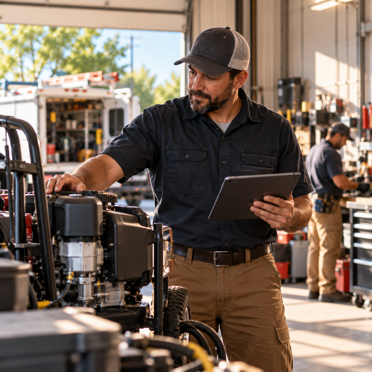 Central Texas service business owner evaluating new equipment in a workshop while reviewing operations on a tablet