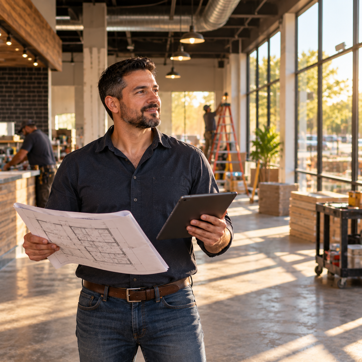 Central Texas small business owner reviewing plans for expanding into additional commercial space