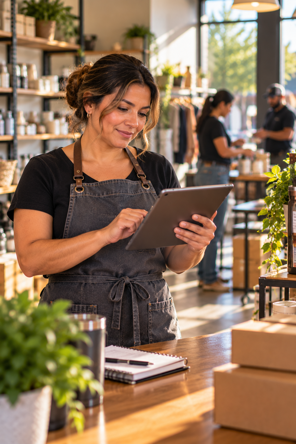 Central Texas small business owner reviewing upcoming operating needs on a tablet inside her retail business