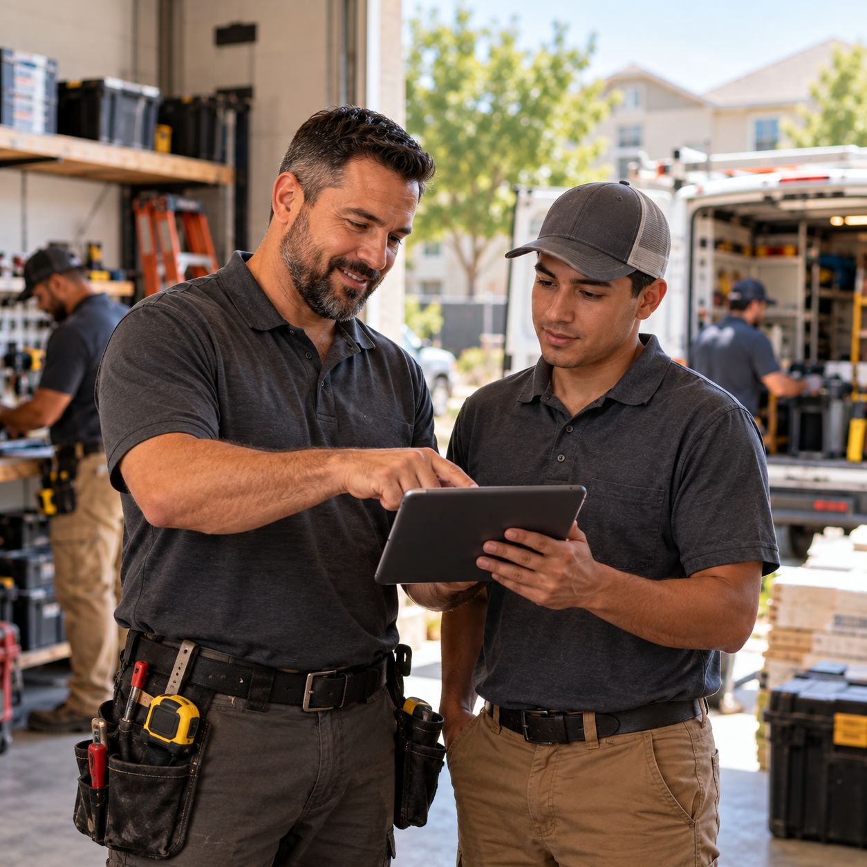 Central Texas service business owner training a new employee while reviewing work plans on a tablet