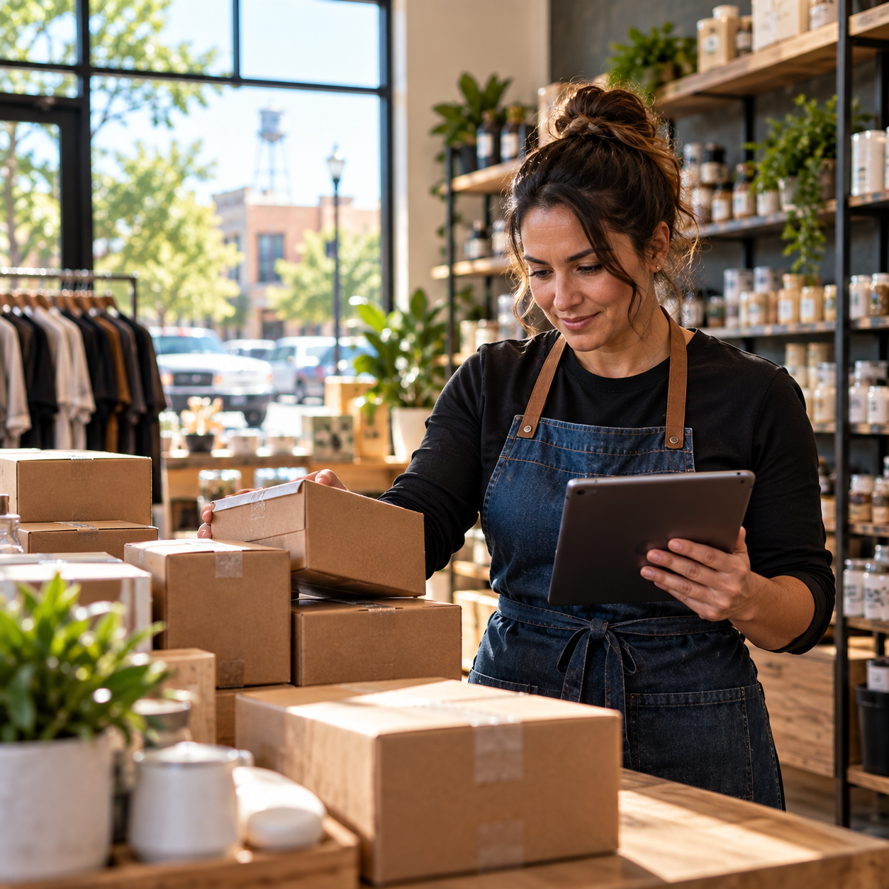 Central Texas small business owner organizing new inventory while reviewing stock on a tablet