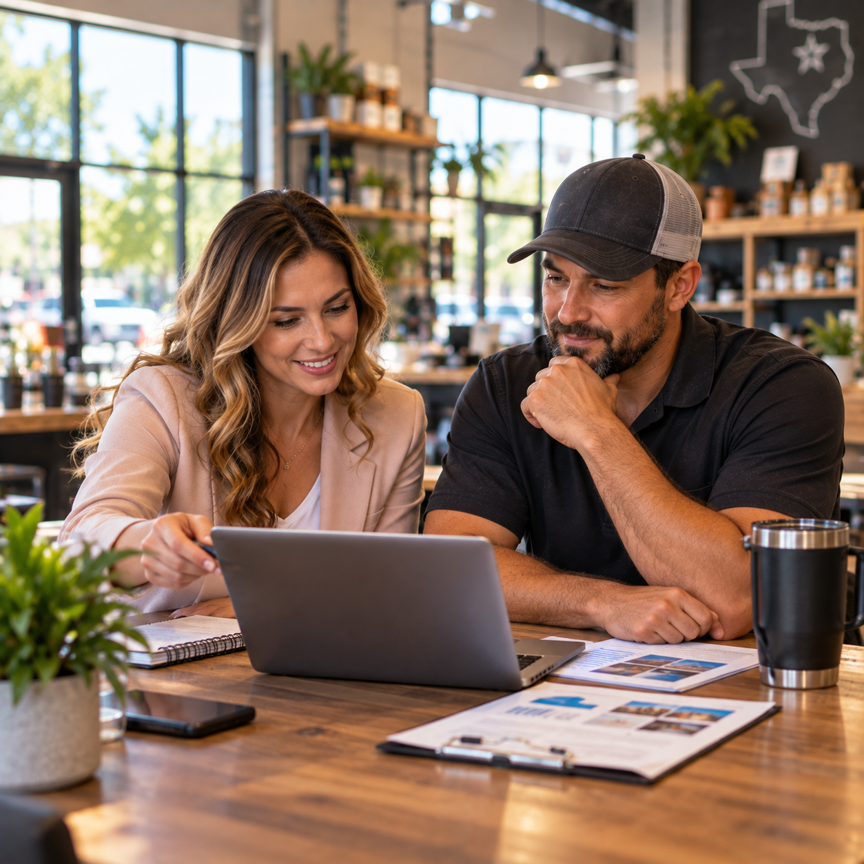 Central Texas small business owner reviewing a customer growth plan with a marketing professional