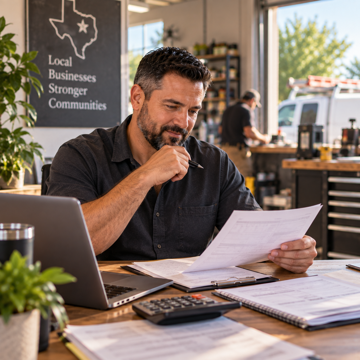 Central Texas small business owner reviewing operating expenses and upcoming business needs at his desk