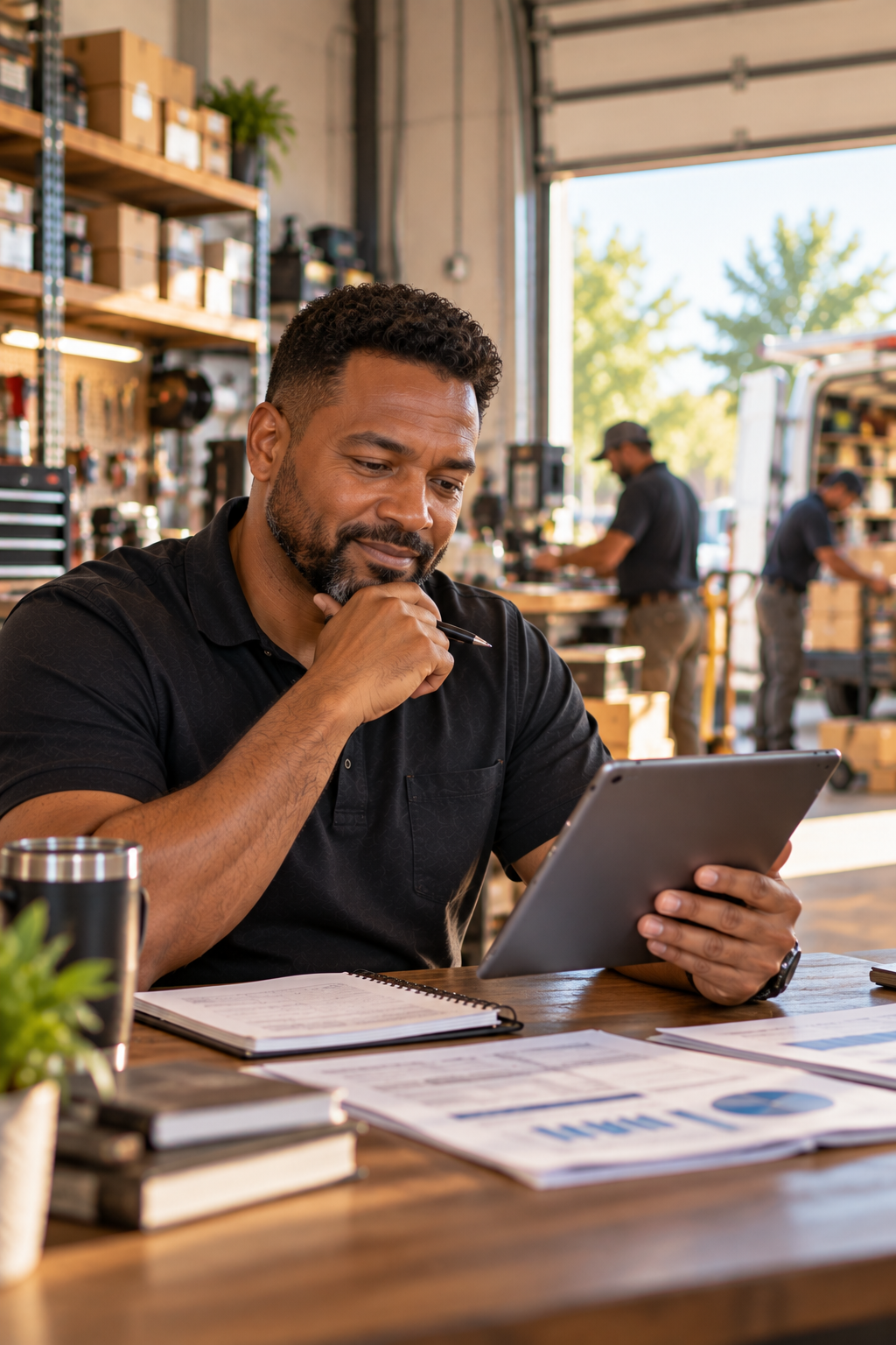 Central Texas small business owner reviewing business growth and potential funding options on a tablet