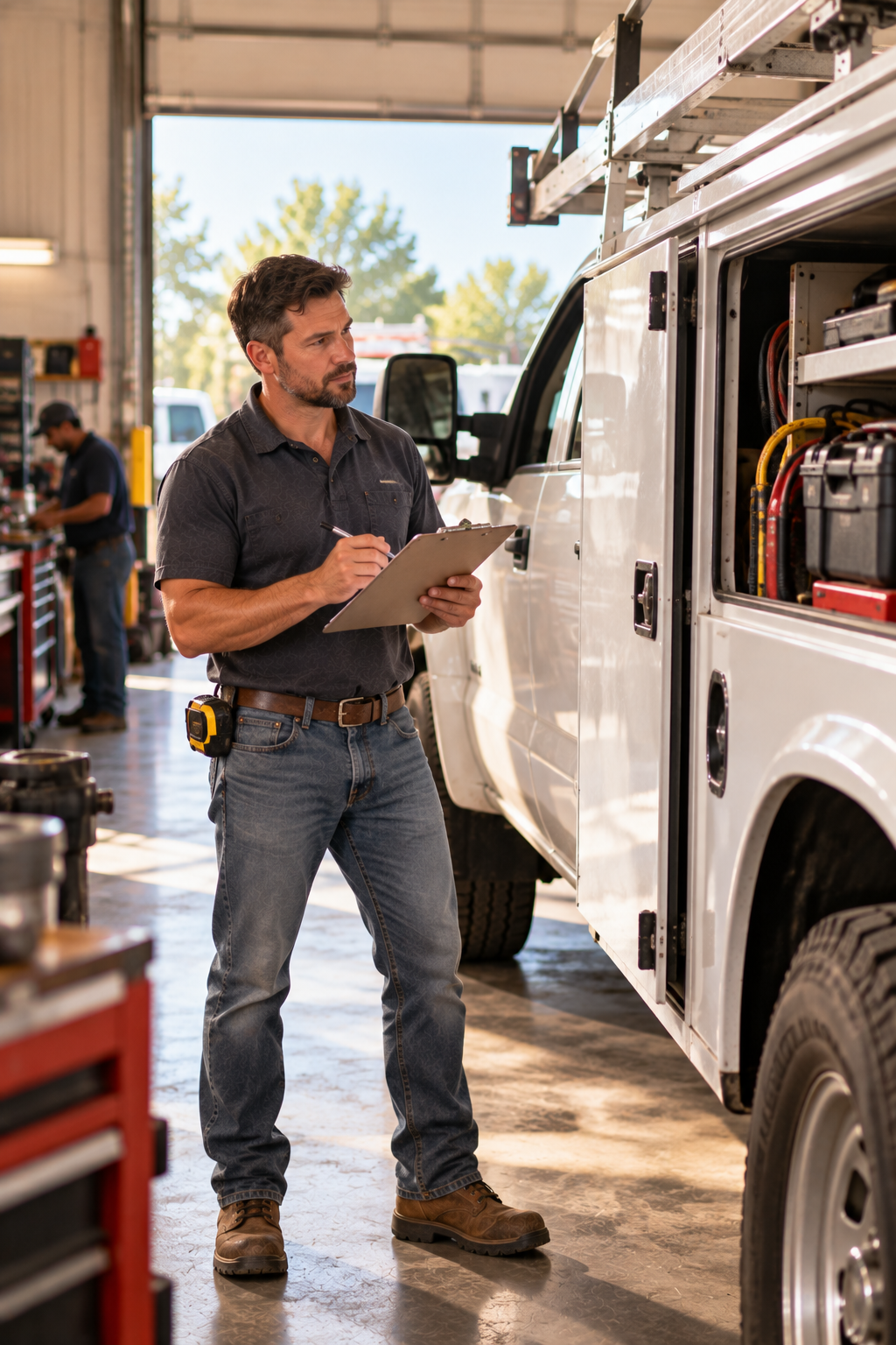 Central Texas service business owner evaluating a commercial work truck inside an active workshop