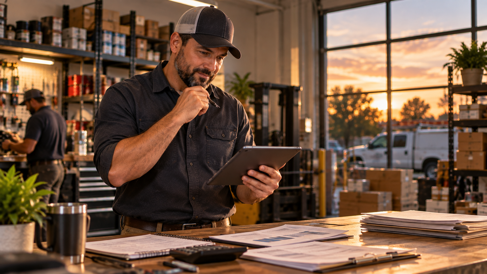 Central Texas small business owner reviewing operating expenses and growth plans on a tablet