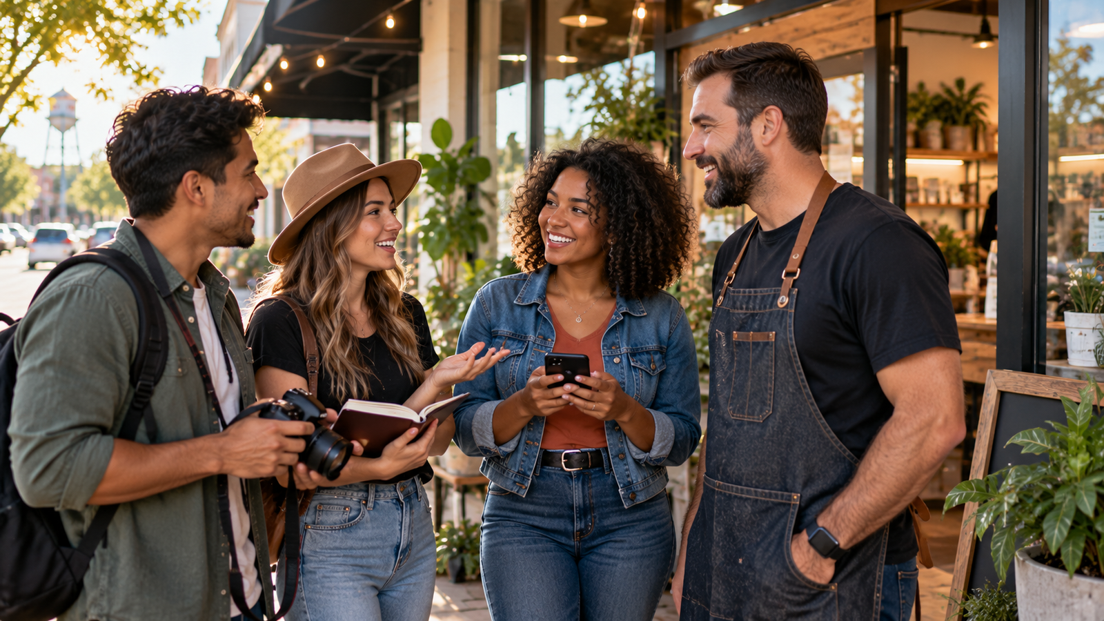 Central Texas community members, creators and a small business owner connecting outside a local storefront
