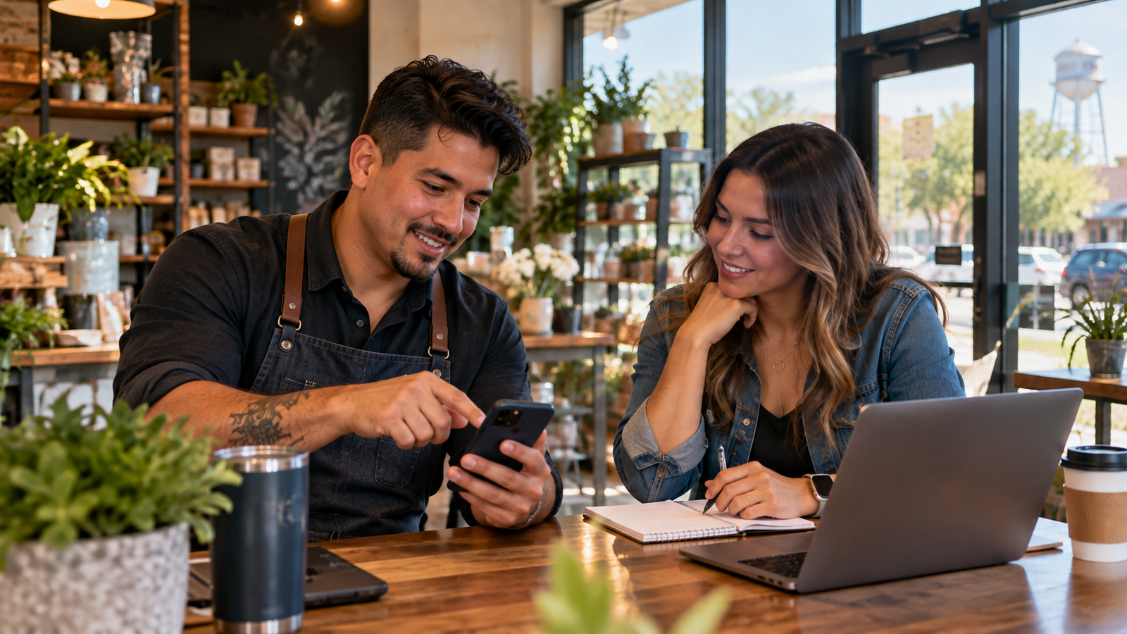 Central Texas small business owner and collaborator planning a local promotion using a smartphone inside a storefront