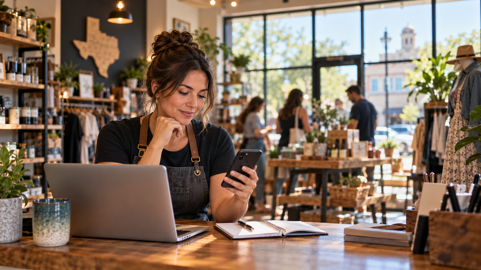 Central Texas small business owner using a smartphone and laptop to plan digital visibility for her local business