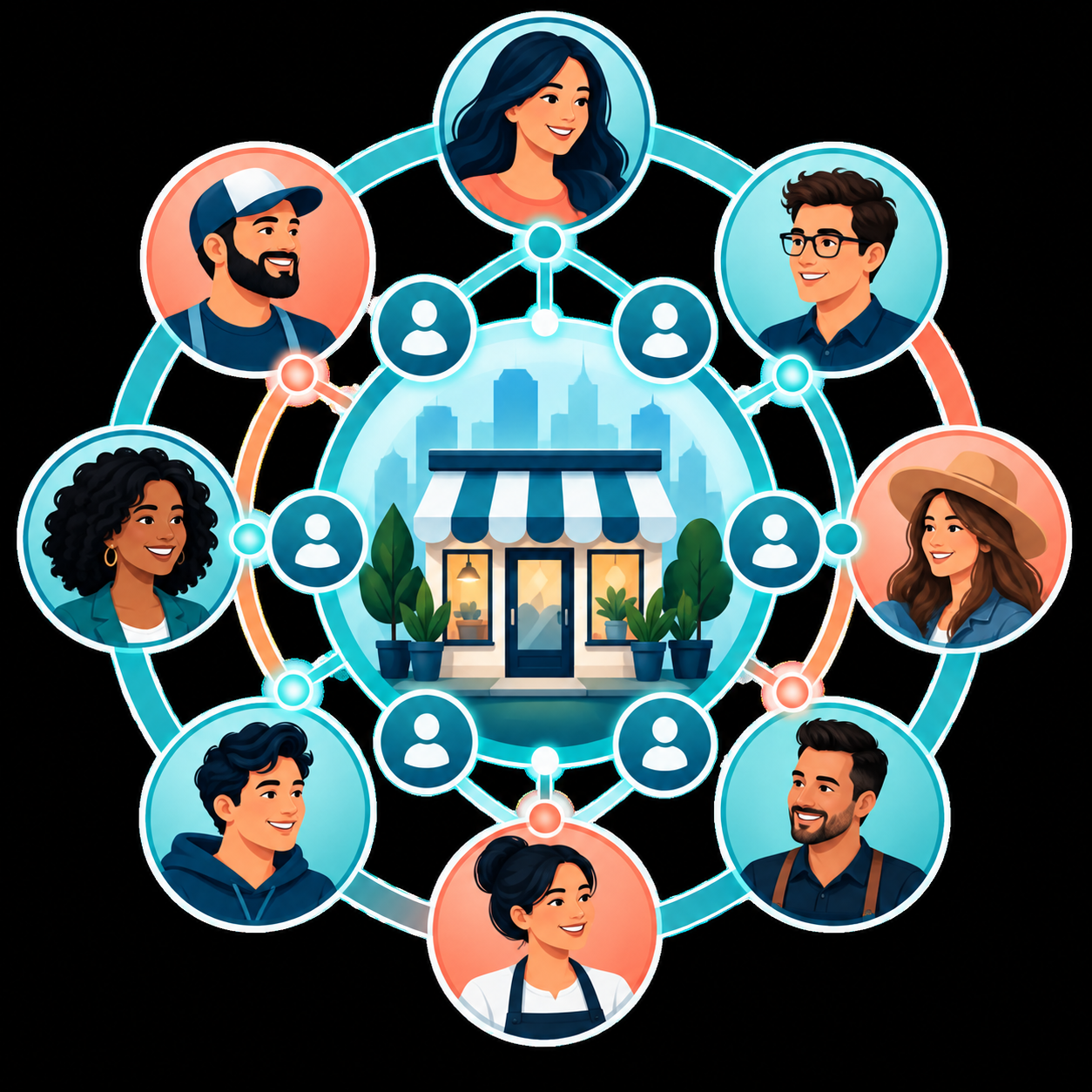Illustration of people forming a connected community around a small business storefront