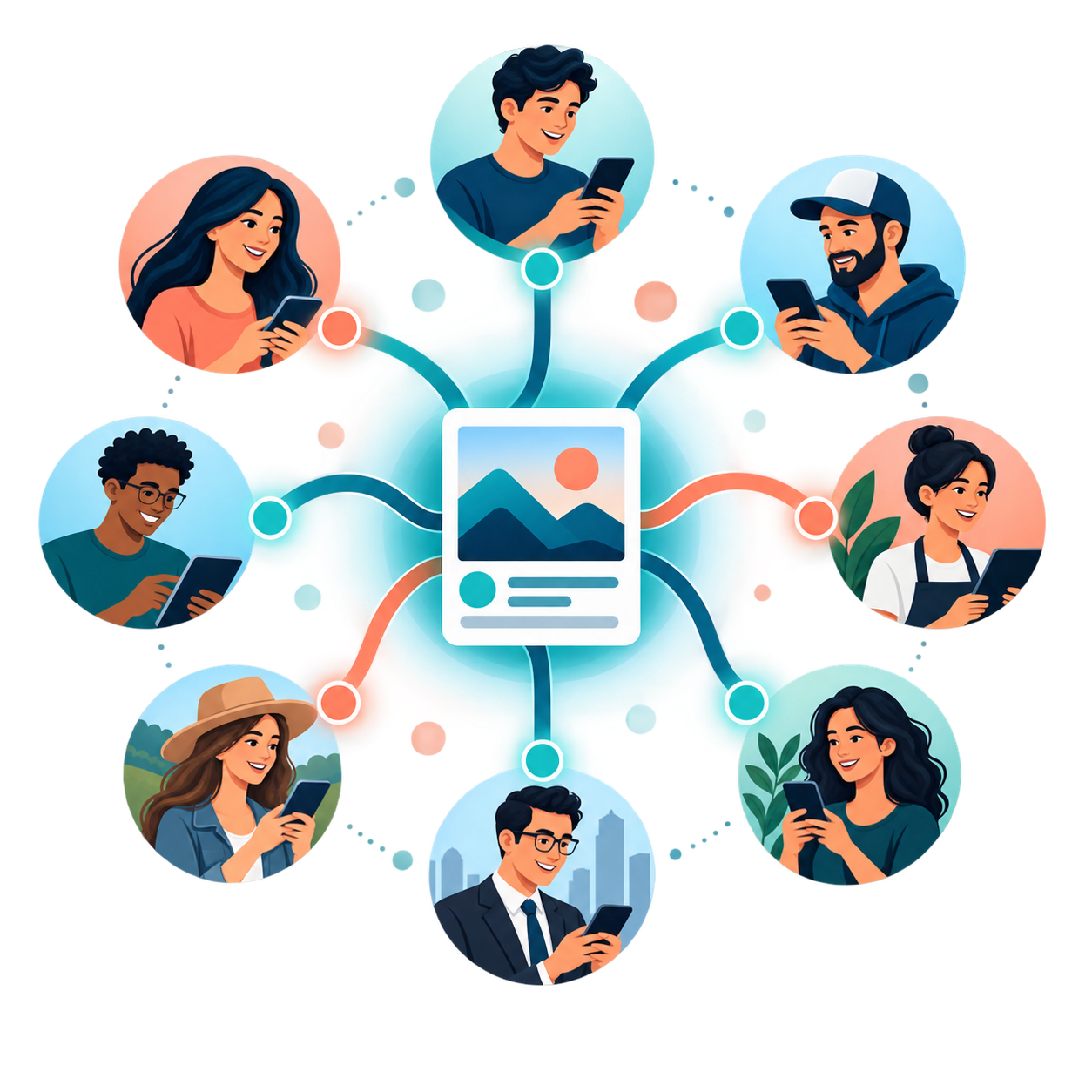 Illustration of digital content connecting from one central post to people across a wider online community network