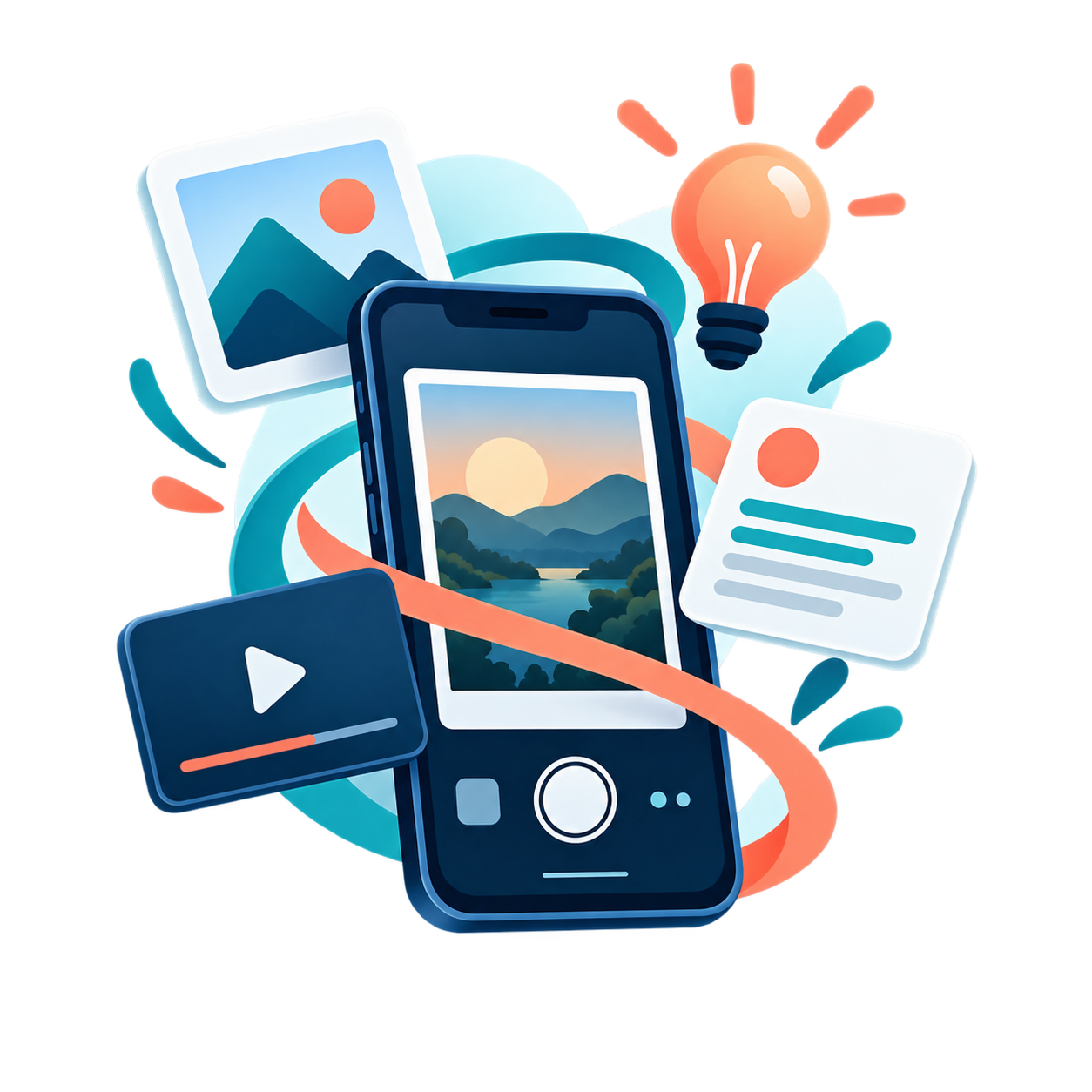 Illustration of a smartphone with creative elements representing original stories, photos, videos and digital content creation