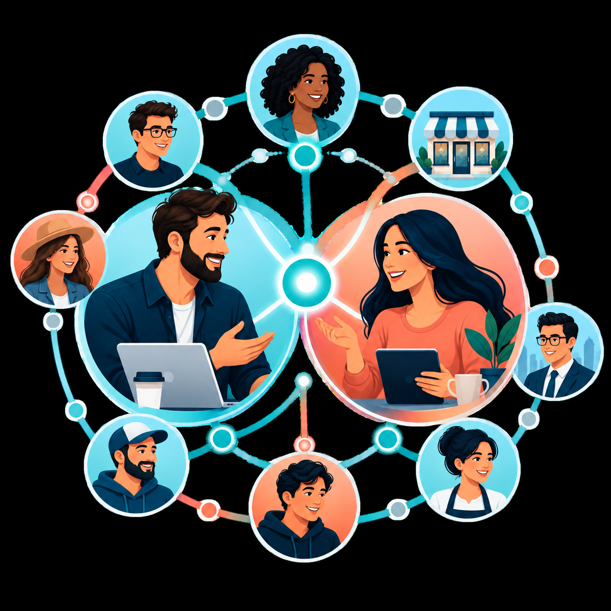 Illustration of two people connecting through a digital community network linking individuals, creators and small businesses