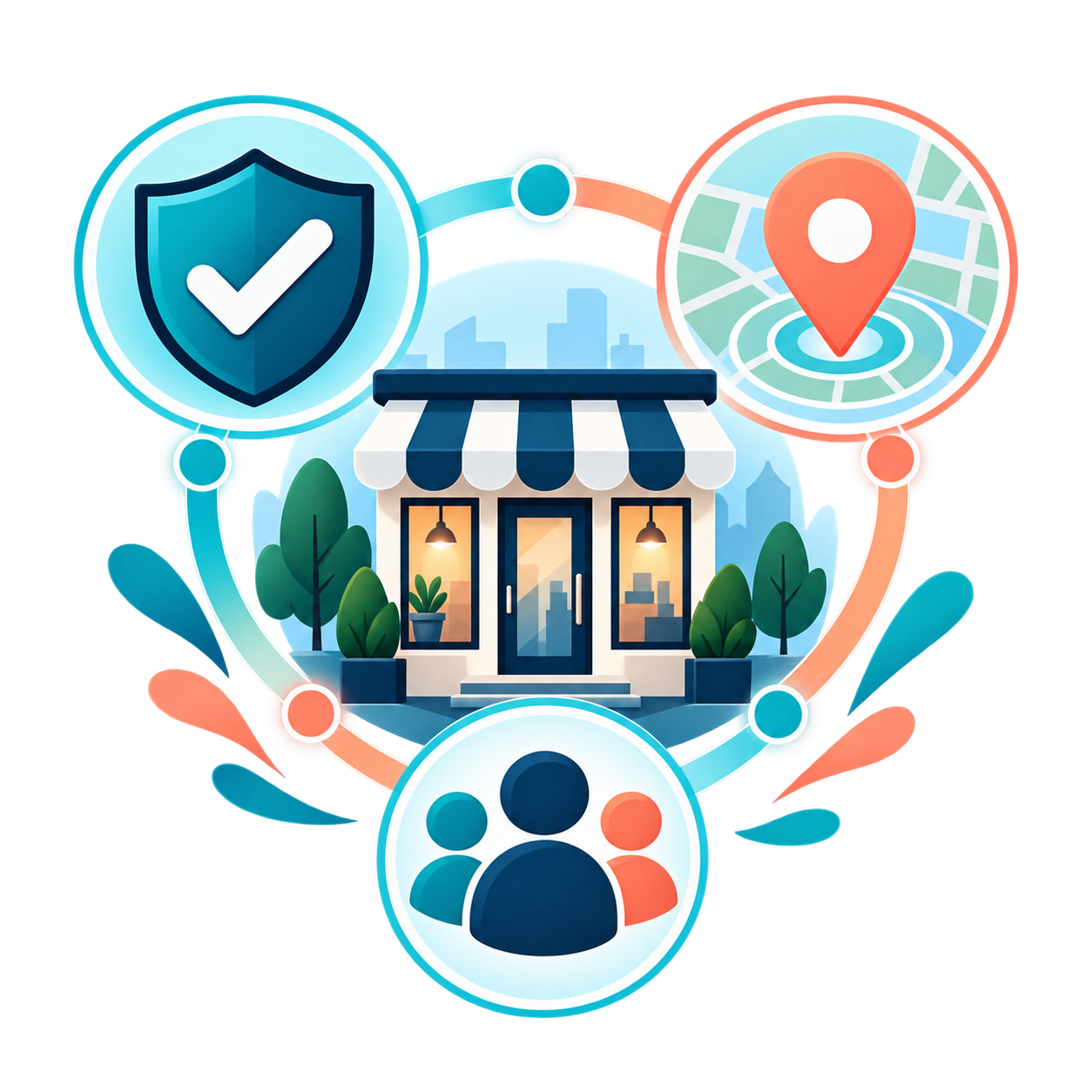 Illustration of a small business storefront connected to verification, local discovery and community networking tools