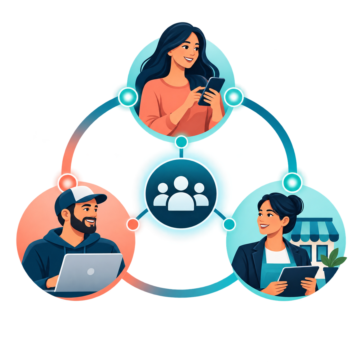 Illustration of members, creators and small business owners connected through an inclusive digital community platform