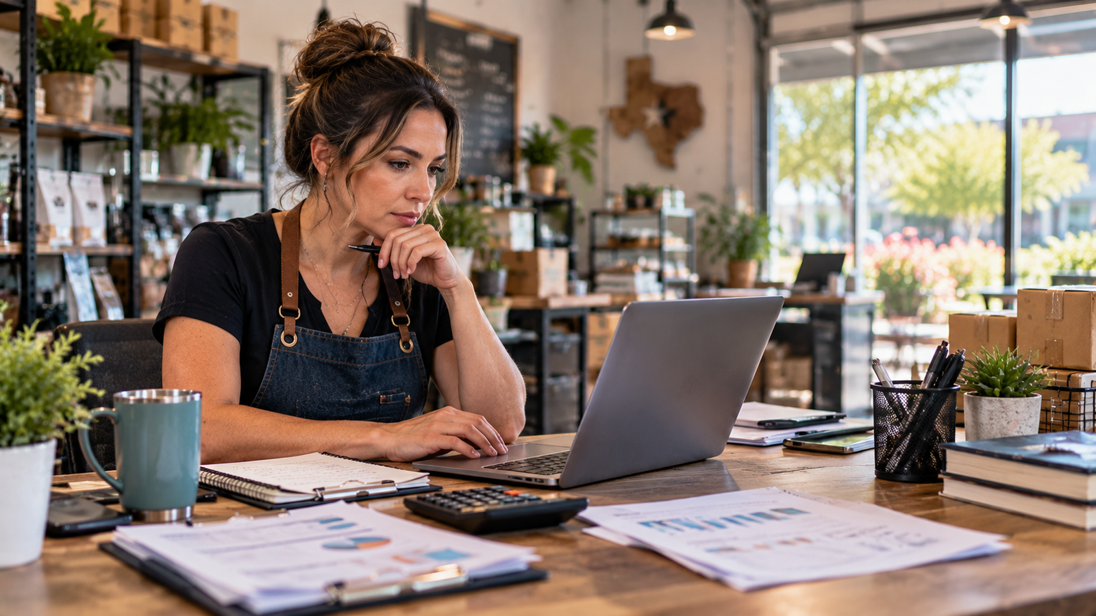 Pflugerville small business owner reviewing cash flow and upcoming operating expenses