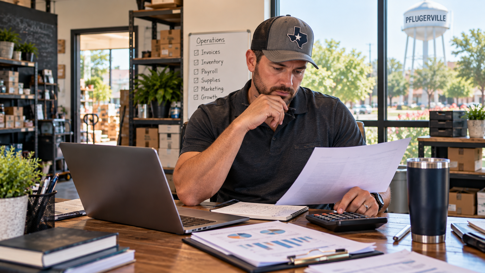 Pflugerville small business owner comparing invoices, inventory needs and cash flow