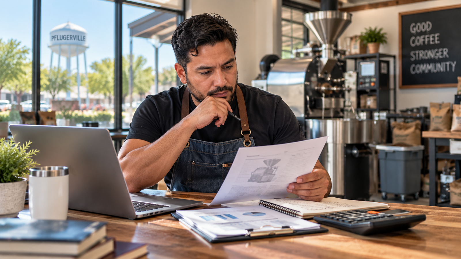 Pflugerville small business owner reviewing equipment costs and business needs