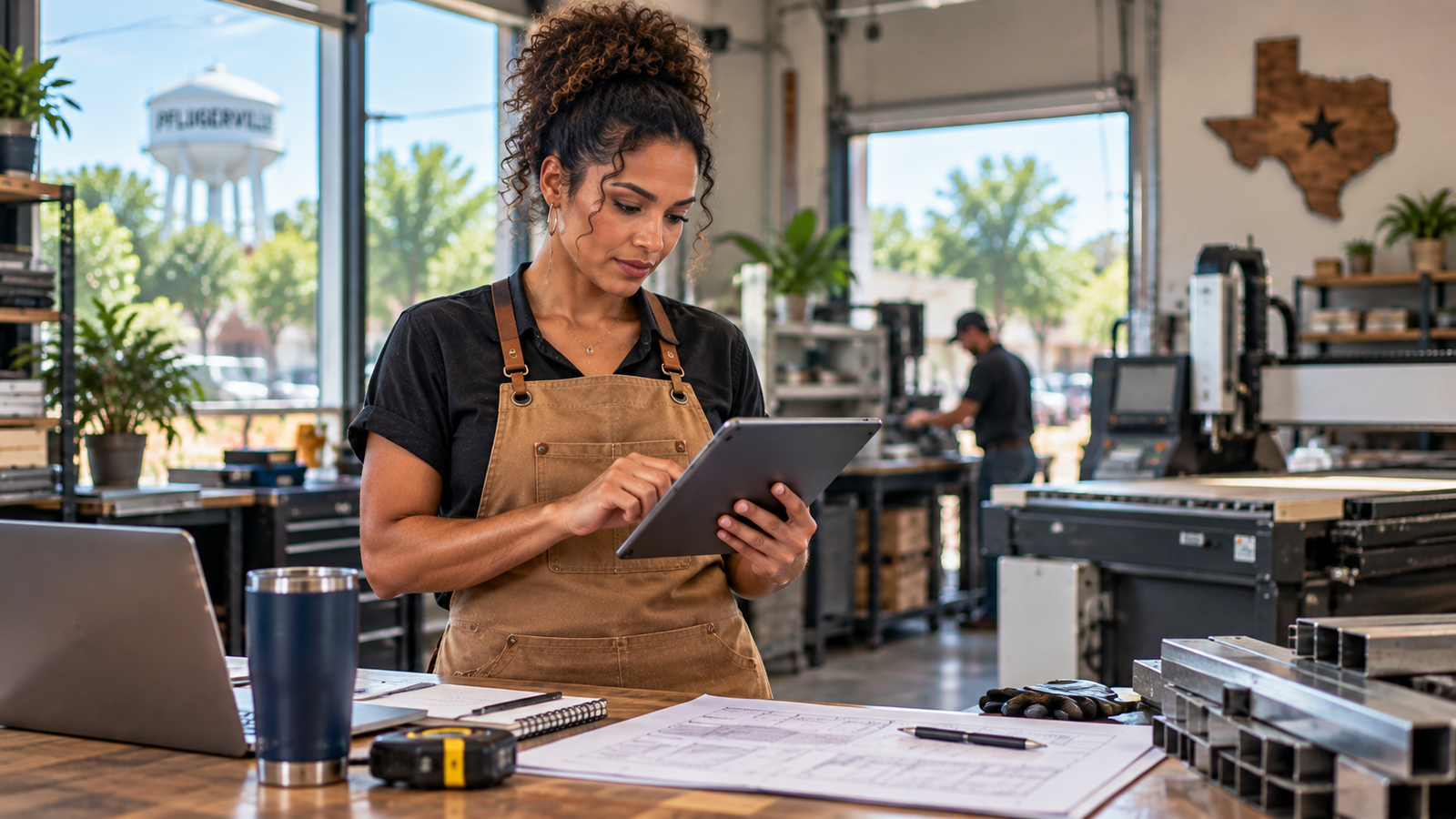 Pflugerville small business owner reviewing equipment needs and business growth plans