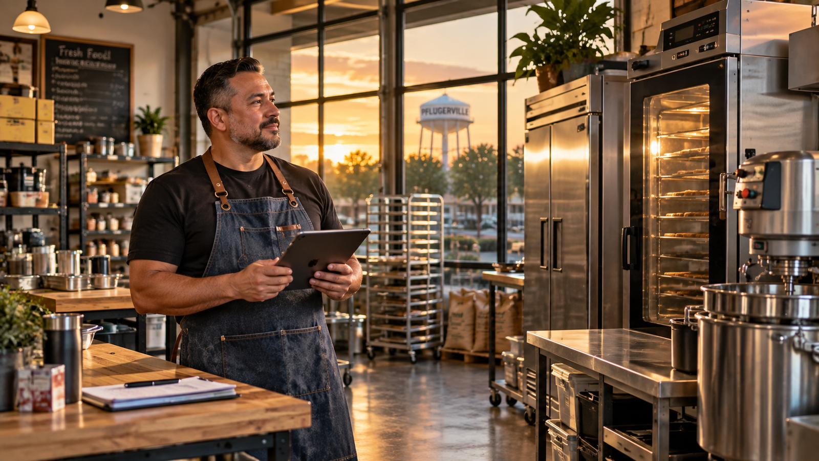 Pflugerville small business owner reviewing upgraded commercial equipment and growth plans