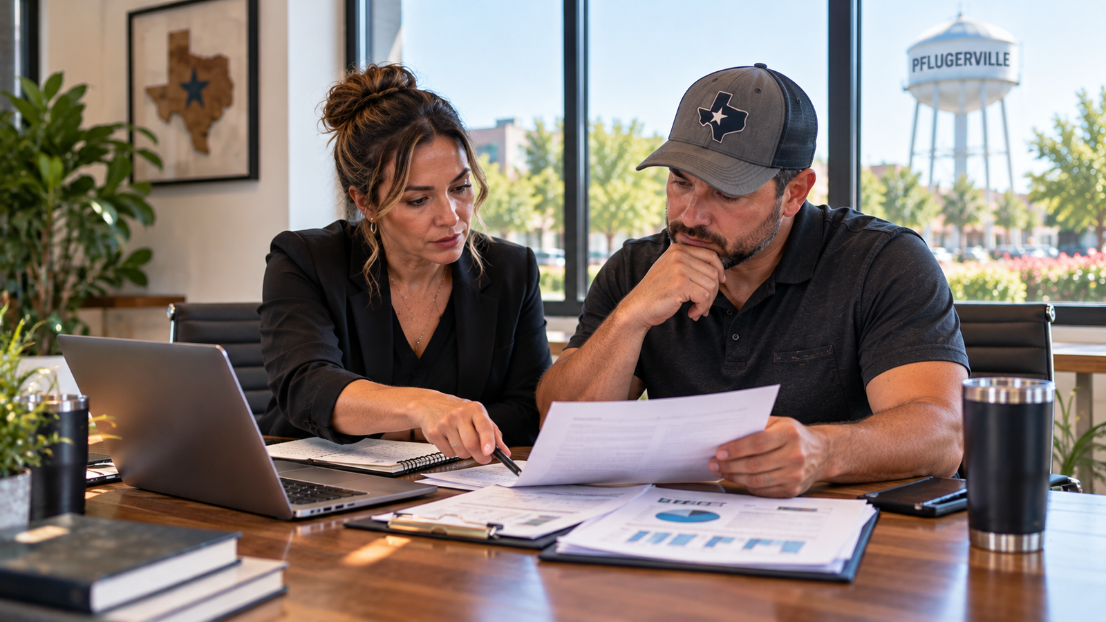 Pflugerville small business owner reviewing line of credit repayment terms with an adviser