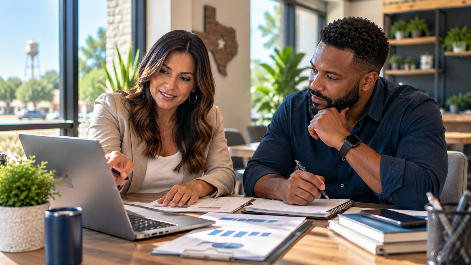 Pflugerville small business owner reviewing growth plans with a business adviser